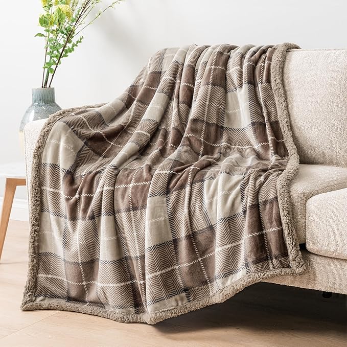 PAVILIA Twin Plaid Sherpa Throw Blanket for Couch Sofa Bed, Taupe, 60x80 | GSM 460; Soft Plush Flannel Fleece; Warm&Cozy for Home; Machine Washable, Perfect Cabin Decor Winter Holiday Christmas Gift