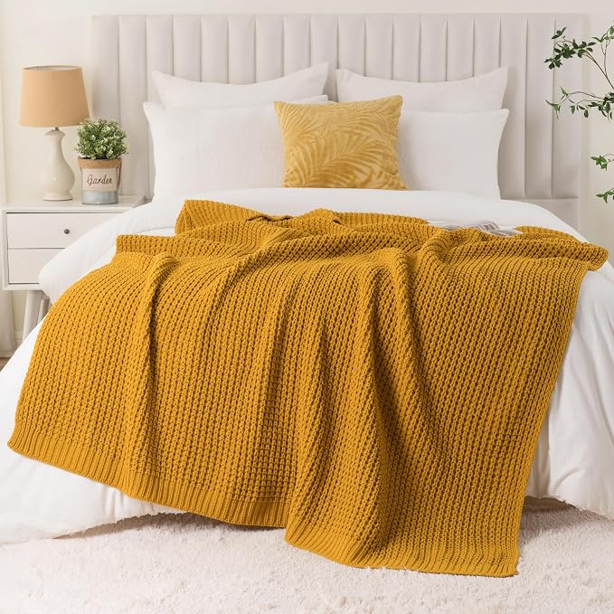 Waffle Knit Throw Blanket, Mustard Yellow Throw Blanket for Couch 60"x80" | Chunky Chenille Throw Blanket, Soft Fall Mustard Throw Blanket for Home Decor, Modern Farmhouse Knitted Style