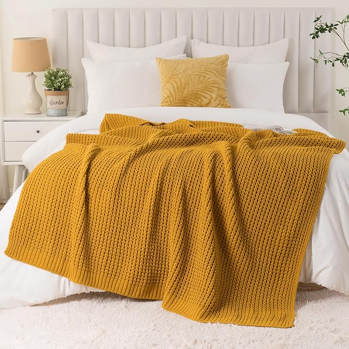 Waffle Knit Throw Blanket, Mustard Yellow Throw Blanket for Couch 50"x60" | Chunky Chenille Throw Blanket, Soft Fall Mustard Throw Blanket for Home Decor, Modern Farmhouse Knitted Style