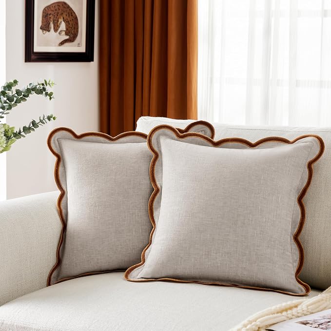 Ohocut Beige Scalloped Pillow Cover Pack of 2 Spring Chenille Decorative Throw Pillow Covers 20x20 Cute Boho Couch Pillow Covers Aesthetic Funky Preppy Pillow Cases for Sofa Living Room
