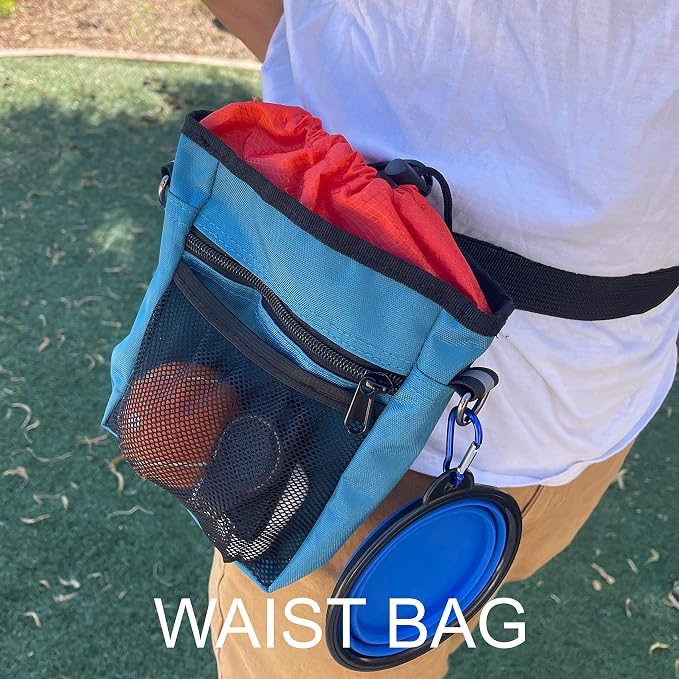 Jalousie Dog Training Pouch with Training Clicker and Water Bowl - 5 Ways to Wear - Carry Toys, Treats for Positive Reinforcement - Built-in Poop Bag Dispenser (Teal)