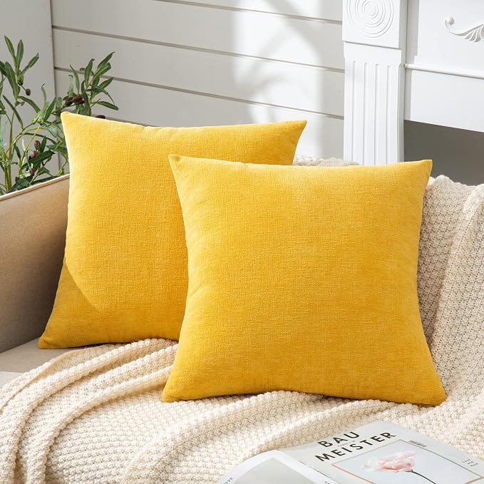 GAWAMAY Decorative Throw Pillow Covers 16x16 Inch Set of 2, Super Soft Chenille Square Pillows Farmhouse Fall Pillowcase for Living Room Bedroom Sofa Couch Cushion Cover Mustard Yellow 40x40cm
