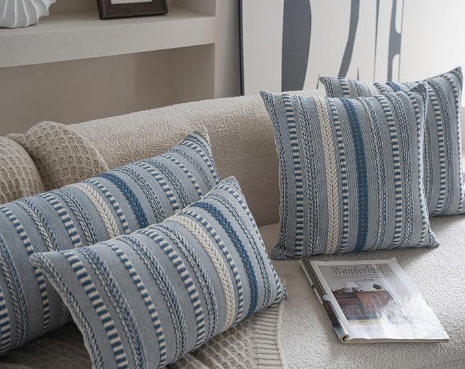 Cethom Boho Throw Pillow Covers 12x20 Inch Set of 2, Farmhouse Decorative Couch Pillow Cases, Blue Accent Pillows of Bed, Sofa Bedroom Living Room Home Decor Cushion Cover