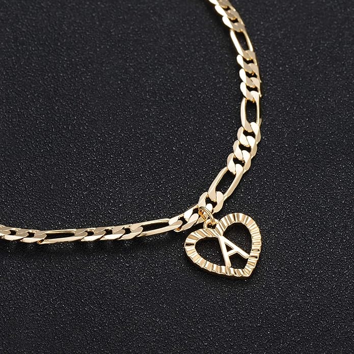 YANODA Gold Initial Pendant Necklace Anklet Bracelet for Women 14K Gold Plated Figaro Chain Letter Initial Heart Necklace Anklets Alphabet Foot Jewelry Personalized Jewelry for Women