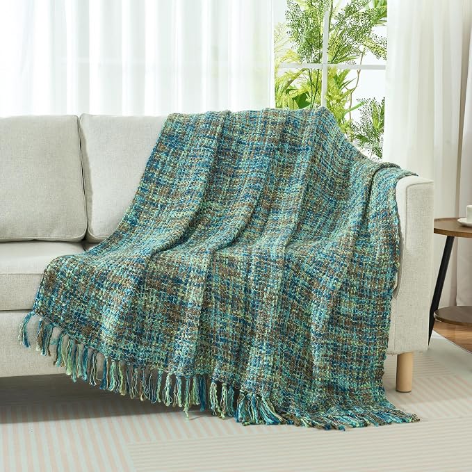 Multi-Color Cable Woven Throw Blanket for Couch - 50"X60" | Multicolored Boho Style,Super Soft Warm Cozy Chunky Blankets with Decorative Tassels for Bed and Sofa,Green