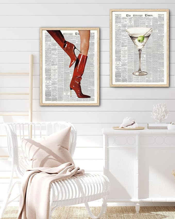 EcoHest 16x20 in Martini Newspaper Framed Wall Art for Bar Cart | Solid Oak Wood Frame, Canvas Wall Art, Martini Cocktail Bar Cart Decor for Living Room, Apartment, Dorm Room, Bedroom, 1Pack