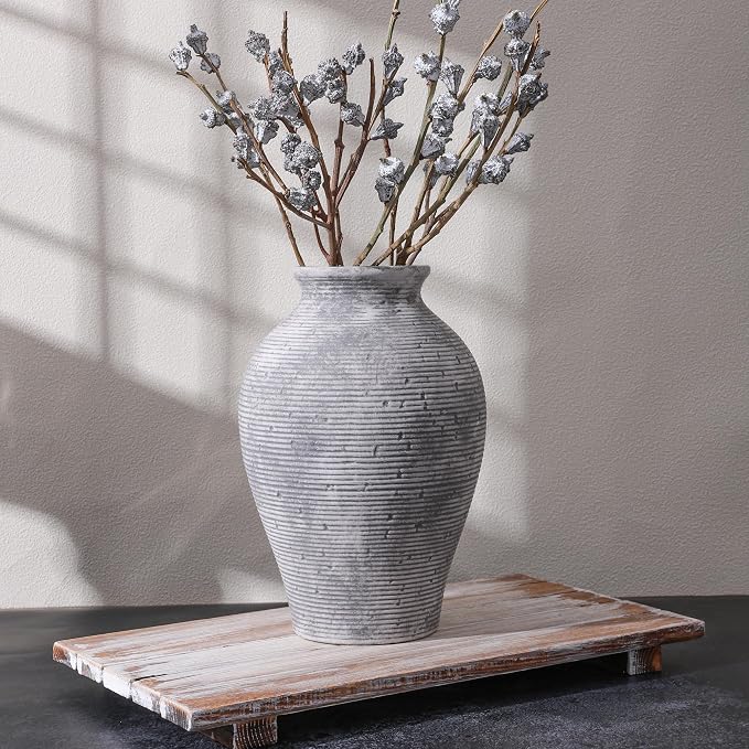 Ceramic Flower Vase Home Decor, 9 in Farmhouse Table Vases Rustic Vintage Living Room Kitchen Bedroom Pottery Decorative Vases for Flowers House Book Shelf Office Coffee Desk Dining Entryway, Grey