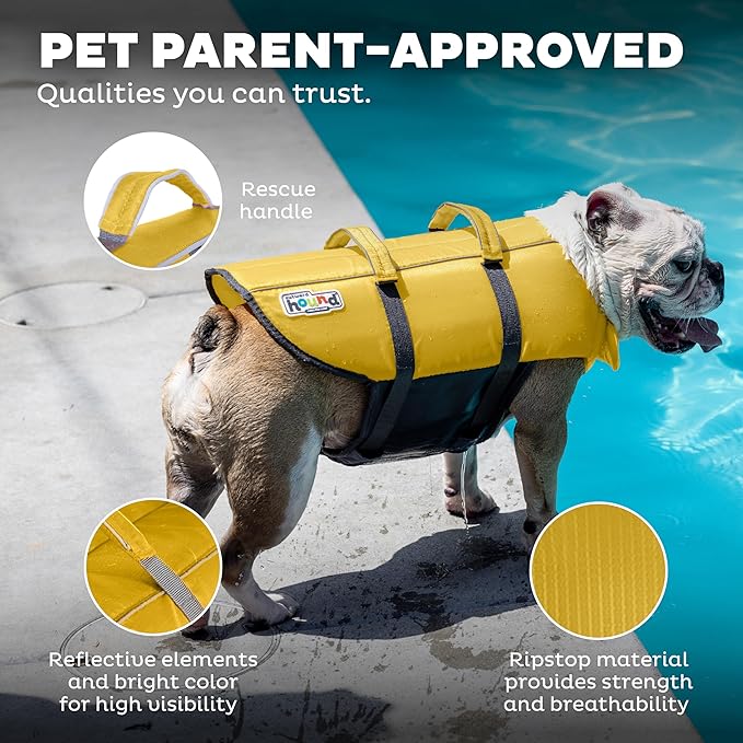 Outward Hound Granby Splash Dog Life Jacket, Life Vest, Yellow, Small | Max Buoyancy, Adjustable Fit, Head/Neck Support, Rescue Handle, Reflective, Swimming & Boating, Small Dogs (16–20" Girth)