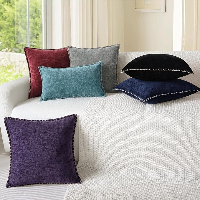 CaliTime Decorative Couch Throw Pillow Covers 18 X 18 Inches Black | Pack of 2, Cozy Chenille Cushion Cases, Cotton Thread Stitching Edges, for Sofa Bed Living Room Farmhouse