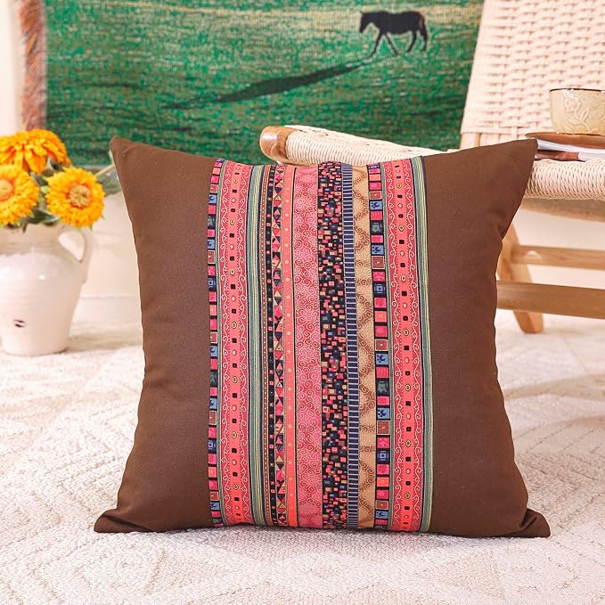 TAOSON Pack of 2 Brown & Red Stripe Patchwork Throw Pillow Covers 18x18 Inch - Bohemian Farmhouse Cushion Cases with Hidden Zipper for Sofa & Bedroom (Cover Only)