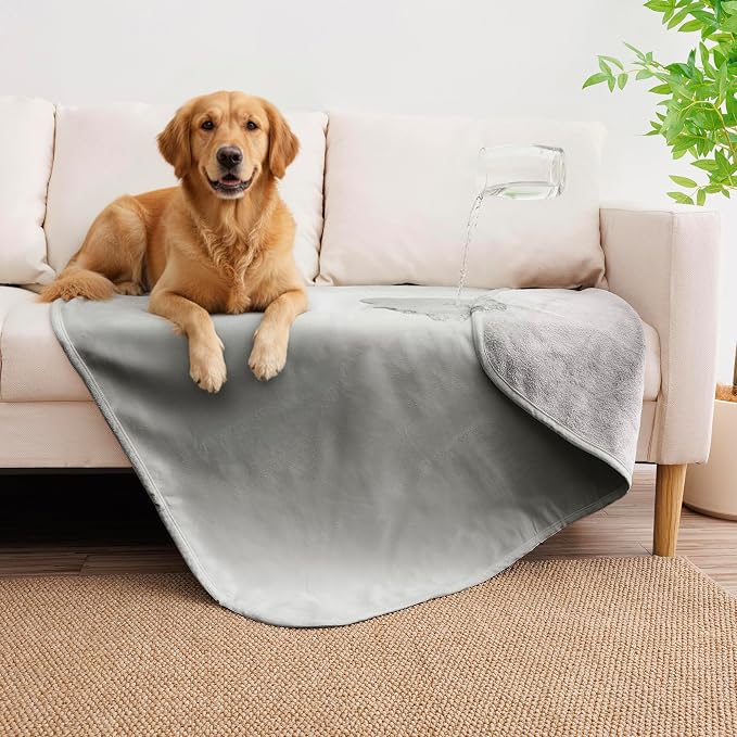 Waterproof Blanket - Reversible Dog Throw as Furniture Protector | Soft Velvet & Flannel, TPU Leak-Proof Liner, Machine Washable, Fits Couch and Bed, 30" x 40", Lightgrey/Darkgrey