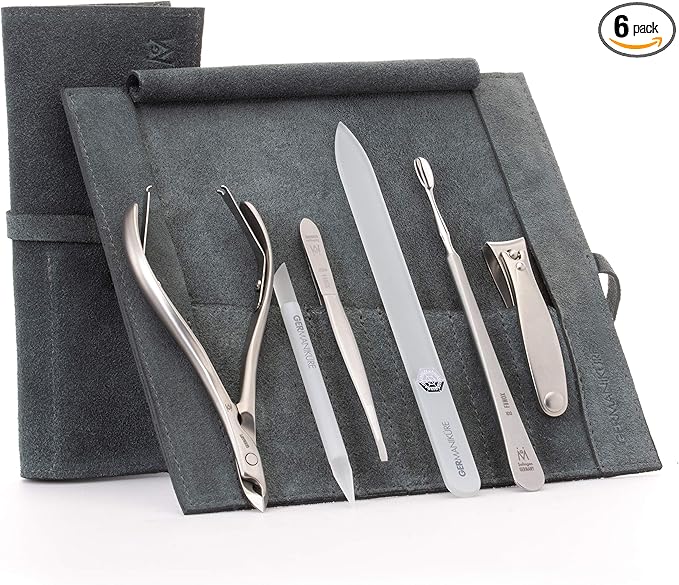 GERMANIKURE 6pc Manicure Set in Gray Suede Case - FINOX Stainless Steel Tools Made in Germany, Glass Nail Care Supplies Made in Czech Republic – Professional Cuticle and Nail Care Kit