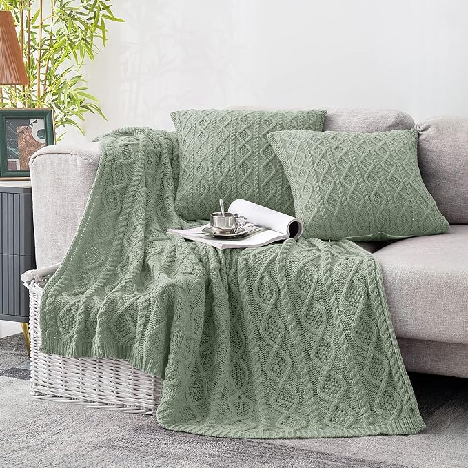 Homiest Sage Green Cable Knit Throw Blanket Set of 3, with 2 Pillow Covers | Pure Acrylic, Lightweight & Breathable, All-Season Use, Machine Washable, Wrinkle & Fade Resistant, for Couch Bed And Sofa