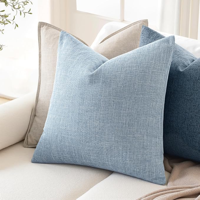 MIULEE Pack of 2 Linen Textured Pillow Covers, 18x18 Inch Light Blue | Decorative Burlap Pillowcases, Coastal Boho Farmhouse Accent Home Decor for Sofa Couch Bedroom Living Room