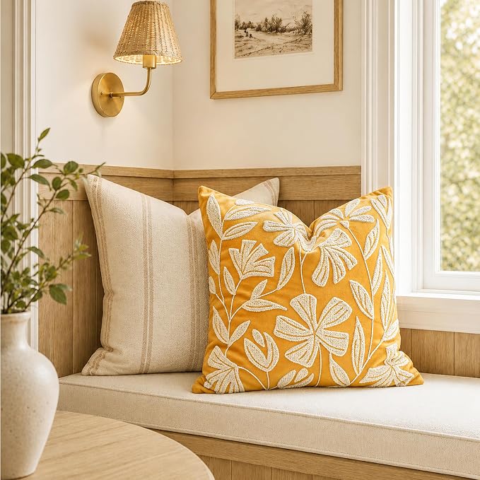 Throw Pillow Cover 20x20 Inch, Mustard Floral Tufted Velvet Decorative Accent Pillow Case for Sofa Bed Living Room, Cover Only