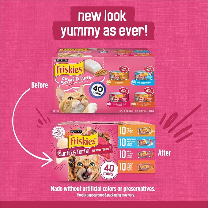 Purina Friskies Prime Filets Cat Food Variety Pack, 40 Pack 5.5 oz Cans | Surfin' and Turfin' wet cat food favorites in a savory gravy, made with real meat, poultry and seafood