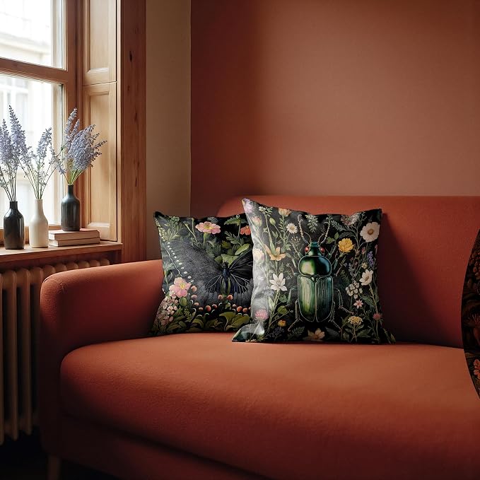 William Morris Inspired Butterfly and Beetle Pillow Covers 18x18 Set of 2, Dark Cottagecore Wildflower Botanical Insect Moth Decorative Throw Pillow Covers for Home Bedroom Living Room