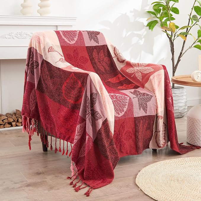 Bohemian Chenille Jacquard Tassel Throws - Reversible Red&Pink Maple Leaf Design for Boho Hippie Vibes - Oversized Blankets for Large Couch, Furniture, Sofa, Chair…