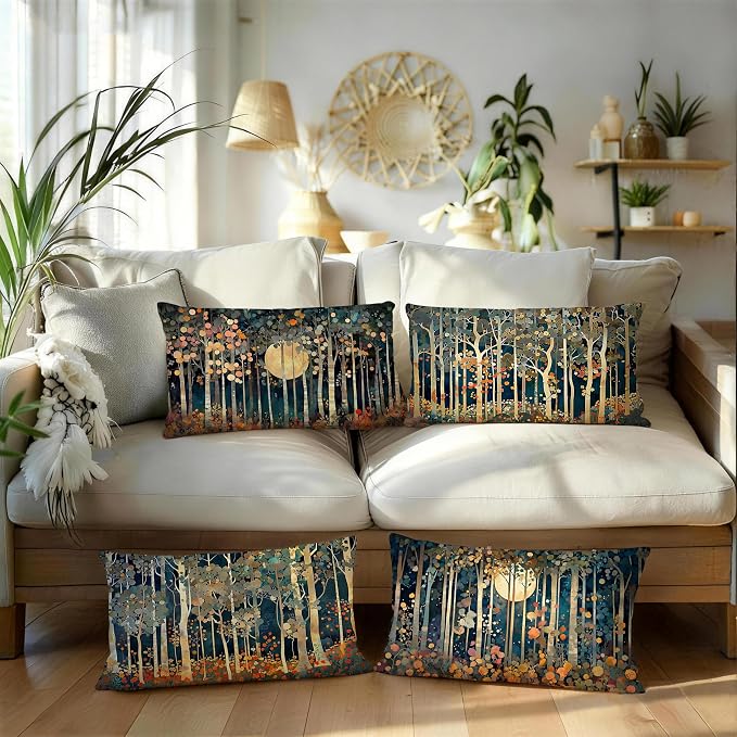 Rustic William Morris Inspired Forest Moon Decor Pillow Covers 12x20 Set of 4,Vintage Botanical Nature Landscape Decorative Throw Pillow Covers for Home Bedroom Living Room,Fall Home Room Decor