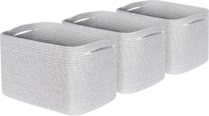 3-Pack Decorative Woven Storage Baskets for Shelves, Cube Bin Box for Organizing Books, Shoes, Dog Toys, Pantry Closet and Living Room Organizer, Light Gray Mix