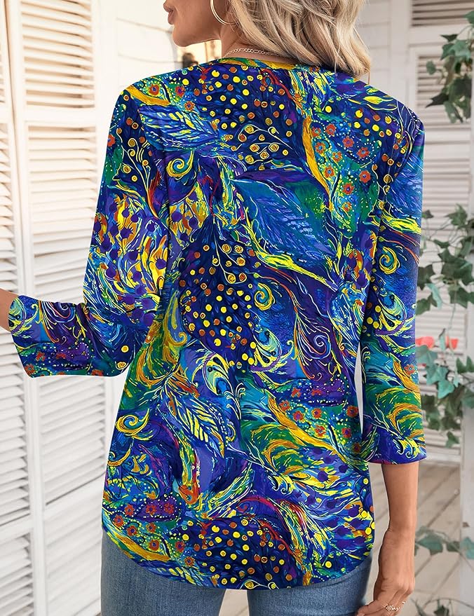 LOMON 3/4 Length Sleeve Womens Tops Spring Summer Fashion 2026 Tops Crew Neck Pleated Shirts Tunic Top Loose Fit