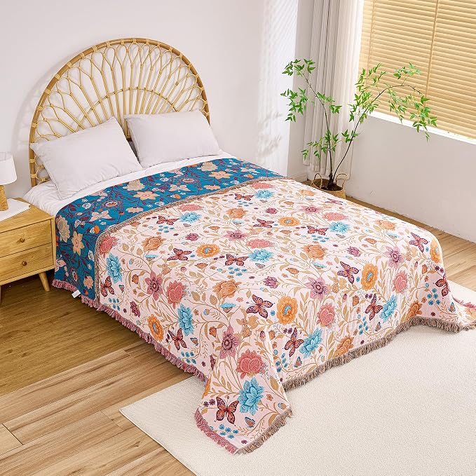 VANJOROY Boho Throw Blanket, 100% Organic Cotton Breathable Ultra Soft 50" x 60" Bed Quilt Throw - All Season Floral Rustic Farmhouse Decor Luxury Reversible Blanket for Sofa Couch Chair and Gift