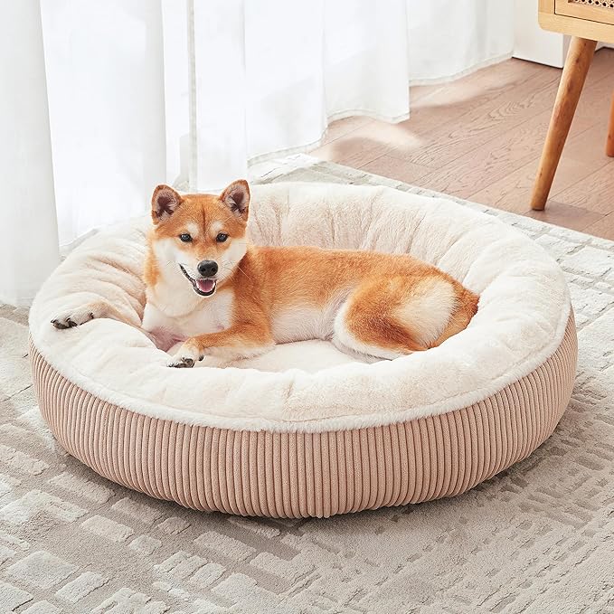 33 inches Calming Donut Dog Bed for Medium Plus Dogs,Brown | Round Pet Bed with Removable&Washable Cover,Plush Faux Fur & Corduroy, Fits Pets up to 50 lbs