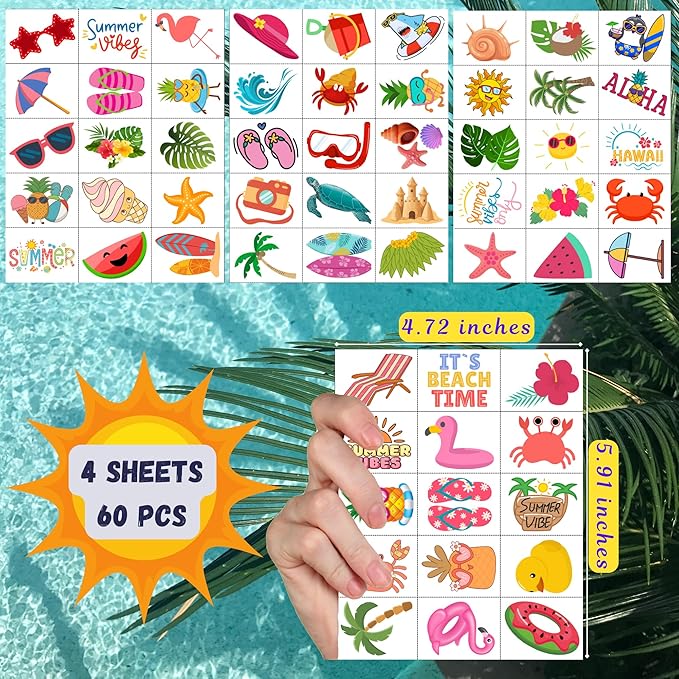 Summer Temporary Tattoos - 60Pcs Summer Party Decorations Gift Idea For Kids Youth Boy Girl Adult Beach Sea Summer Party Favors Accessories Aloha Party Supplies Hawaii Theme Luau Pool