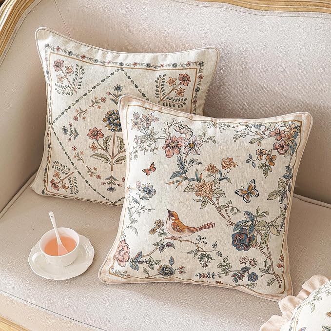 Designer Linen Throw Pillow Cover,Set of 2,18"x18"-Cornucopia A | Elegant French Square Pillow Cover,Concealed Zipper,Floral and Bird Pattern,Sofas,Bedroom,Living Room,Lounge Chairs