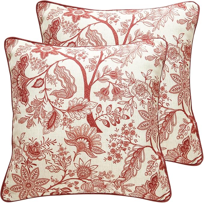 Designer Linen Square Throw Pillow Cover,Set of 2,18"x18"-Ruyi A | Vintage French Elegant Pillow Cover,Concealed Zipper Design,Red Floral Pattern,Sofa,Bedroom,Living Room,Lounge Chairs