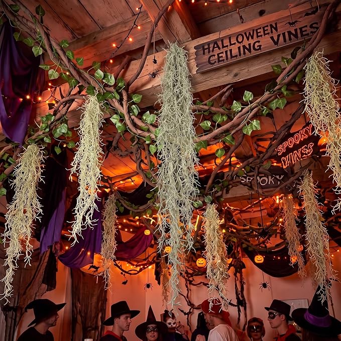 Halloween Hanging Decorations, Faux Spanish Moss Hanging Vines Forest Moss Vines Decor, Greenery Garland for Spooky Halloween Party Wall Ceiling Doorway Indoor Outdoor Enchanted Decorations