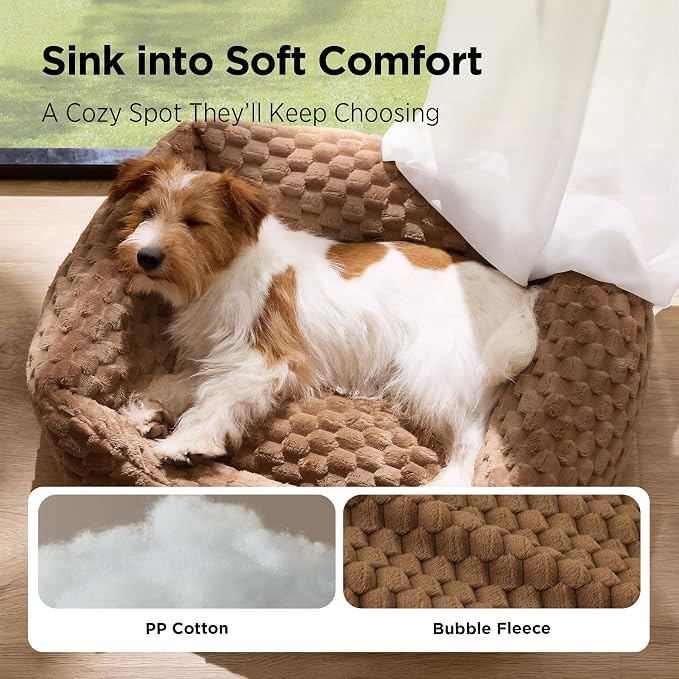 Bedsure Washable Cute Cat Bed for Indoor Cats & Kitten,20 Inch Camel Brown | Bubble Fleece Kitten Bed, Cuddler Cat Couch with Neck Bolster for Small Dogs, Machine Washable, Anti-Slip Base, Up to 8 lbs