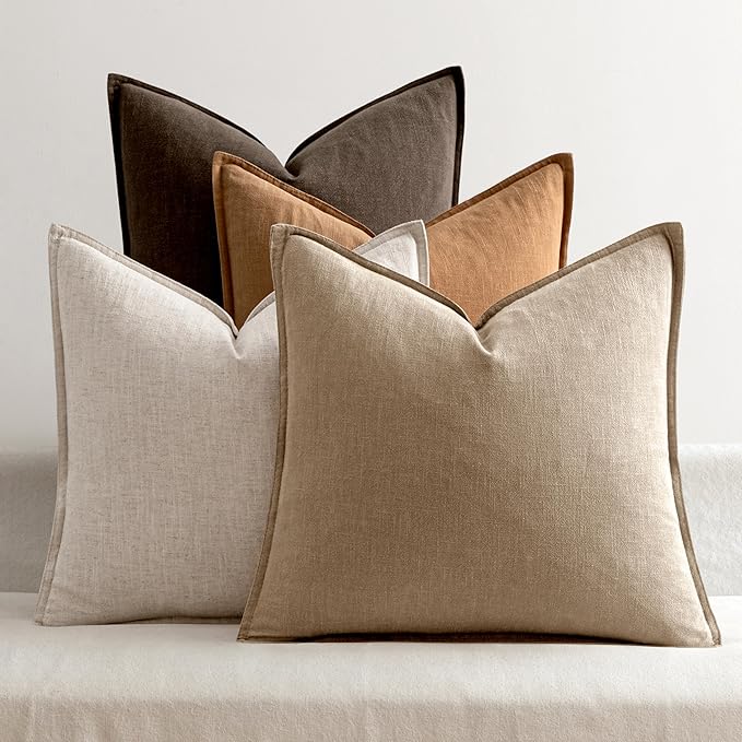 MIULEE Neutral Brown Boho Linen Pillow Covers 24x24 Inch Pack of 4 | Natural Fall Decorative Throw Pillow Covers, Soft Farmhouse Couch Pillowcases, Modern Decor for Living Room Bed Sofa