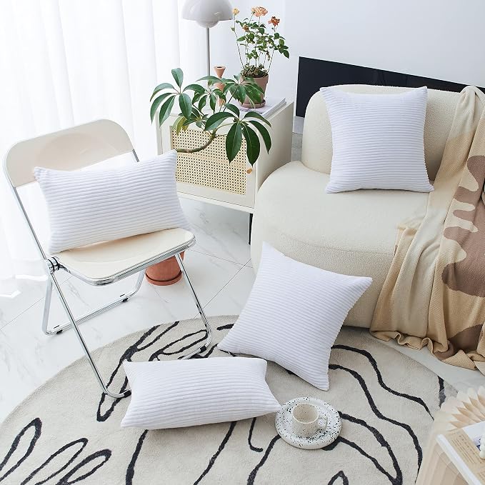 Home Brilliant Euro Sham 24x24 Summer Pillow Cover Striped Corduroy Textured Velvet European Throw Pillowcase for Couch Sofa, 24 x 24 inch (60cm), Pure White