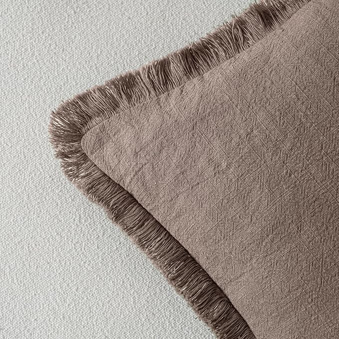 MIULEE Linen Fringe Decorative Fall Throw Pillow Covers Malt Ball 18x18 | Set of 2, Cottagecore Decor, Boho Farmhouse Neutral Pillow Covers, Rustic Fall Couch Cushion Cases for Sofa Bed Living Room