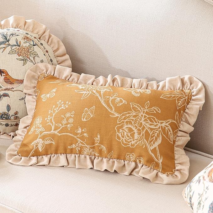 Designer Linen Throw Pillow Cover,Set of 2,20"x12"-Cornucopia D | Elegant French Rectangle Pillow Cover,Concealed Zipper Design,Floral Pattern,Sofas,Bedroom,Living Room,Lounge Chairs