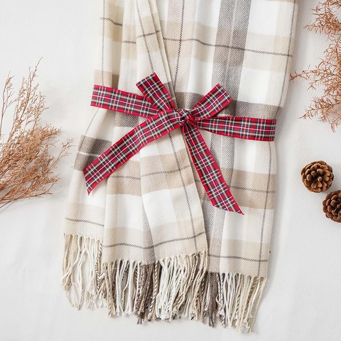 Fall Plaid Throw Blanket for Couch, Farmhouse Throw Blanket 49"x63" | Lightweight Beige Throw Blanket, Super Soft WovenThrow with Tassels, Cozy, Neutral Fall Decor Home Decor