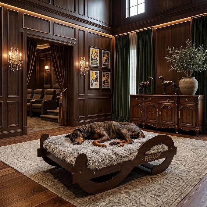 Wooden Elevated Dog Bed with Plush Mattress,L, Up to 80 lb | Raised Dog Bed Furniture with Walnut GrainPattern Frame, Designer Pet Sofa for Indoor Home Decor