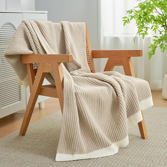 Chenille Throw Blanket, Soft Cozy Waffle Throw for Couch & Sofa, Warm Yet Lightweight, Breathable All-Season Throws for Women Men, Housewarming, Birthdays, 50"x60", Beige