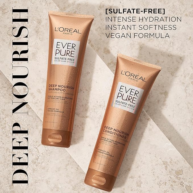L'Oreal Paris Shampoo,Sulfate Free,Triple Action Hydration for Dry Hair,EverPure,8.5 Fl Oz (Packaging May Vary),Damaged,Color-Treated Hair,Apricot Oil Infused,Deep Nourish,(Pack of 36)