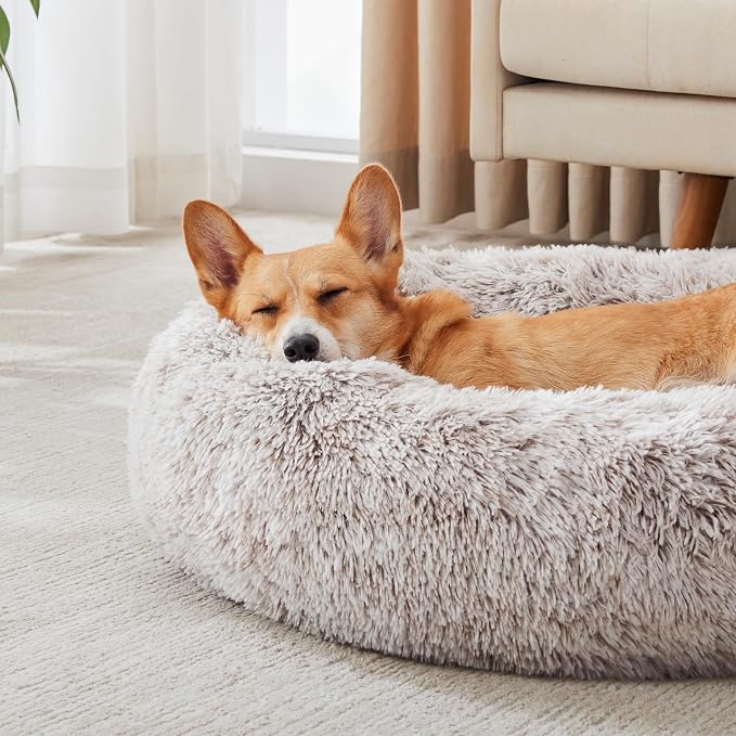 Western Home Calming Donut Medium Dog Bed Washable Pet Bed,30" White Khaki | Fluffy Faux Fur Round Cuddler,Anti-Anxiety,Anti-Slip Bottom,Plush Pet Dog Beds for Medium Sized Dogs,Up to 45 LBS