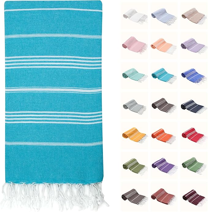 PARK & OZ Turkish Peshtemal Beach Towels, 100% Cotton, Oversize 39x71 Lightweight, Fast Drying, Great for Travel, Yoga, Pool, Spa and Bath- Absorbent, Sand Free, Multipurpose Towel (Turquoise)