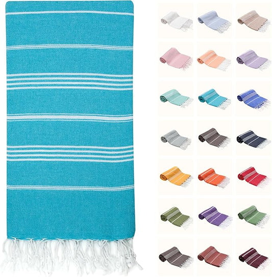 PARK & OZ Turkish Peshtemal Beach Towels, 100% Cotton, Oversize 39x71 Lightweight, Fast Drying, Great for Travel, Yoga, Pool, Spa and Bath- Absorbent, Sand Free, Multipurpose Towel (Turquoise)