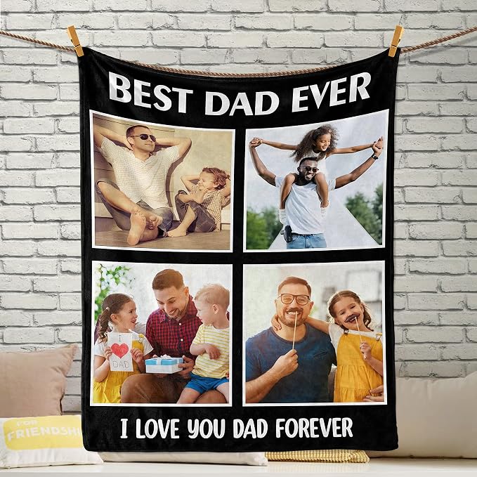 Custom Dad Blanket with Photos, Personalized Blanket with Picture | Customized Fathers Day Birthday Gifts from Daughter Wife, Christmas Birthday Gifts for Him Her Women Men