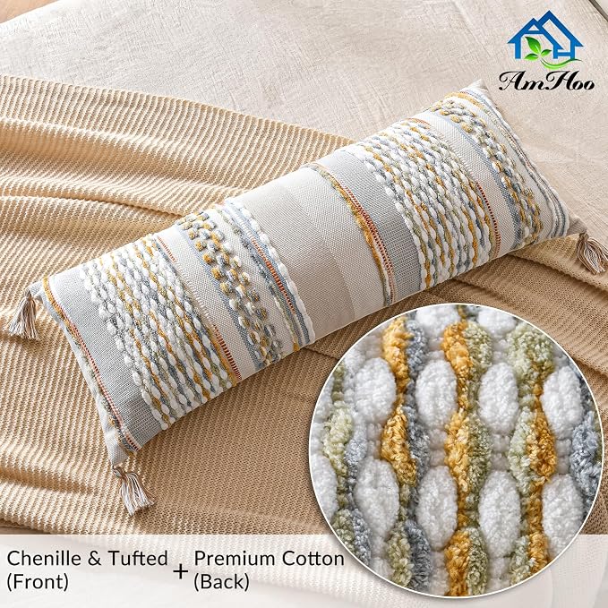 Chenille Striped Textured Boho Throw Pillow Covers Aesthetic with Tassels Woven Decorative Pillow Case for Couch Bed Sofa Bedroom Modern Funky 14 x 36-Inch Grey