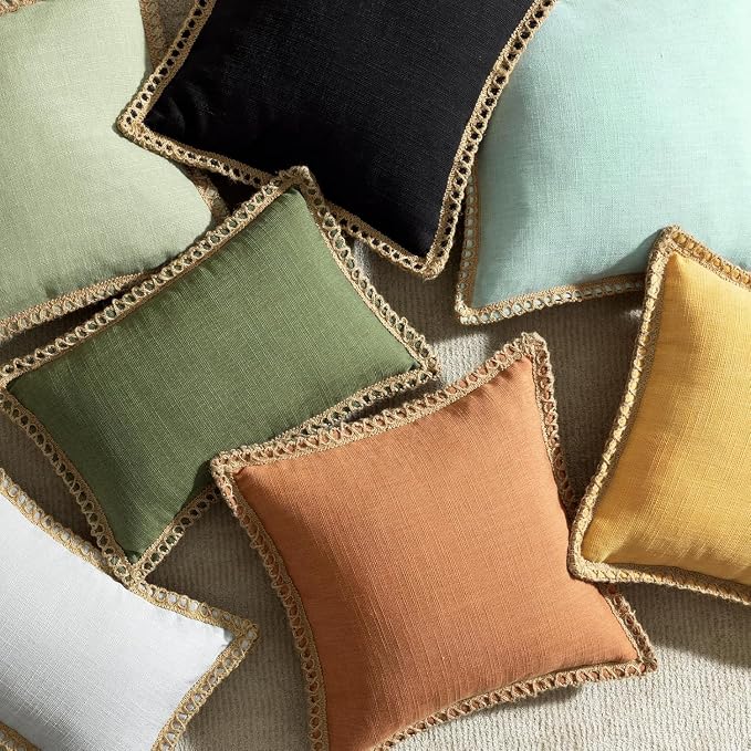 Phantoscope Farmhouse Solid Throw Decorative Pillow Cover Burlap Linen Trimmed Tailored Edges Outdoor Pillow Olive Green 1 Pack 18 x 18 inches, 45 x 45 cm