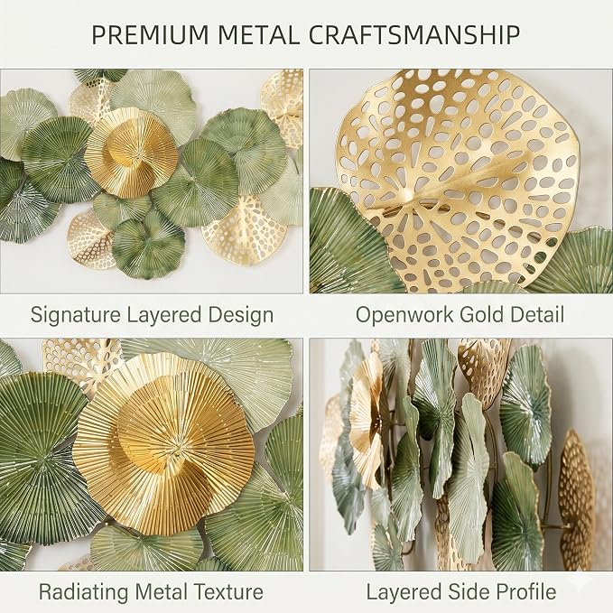 Axioglo 67" Large Wall Decor 3D Lotus Leaf Metal Wall Art for Living Room | 67" x31" metal wall decor with layered metal texture, mounting hardware, two-way display