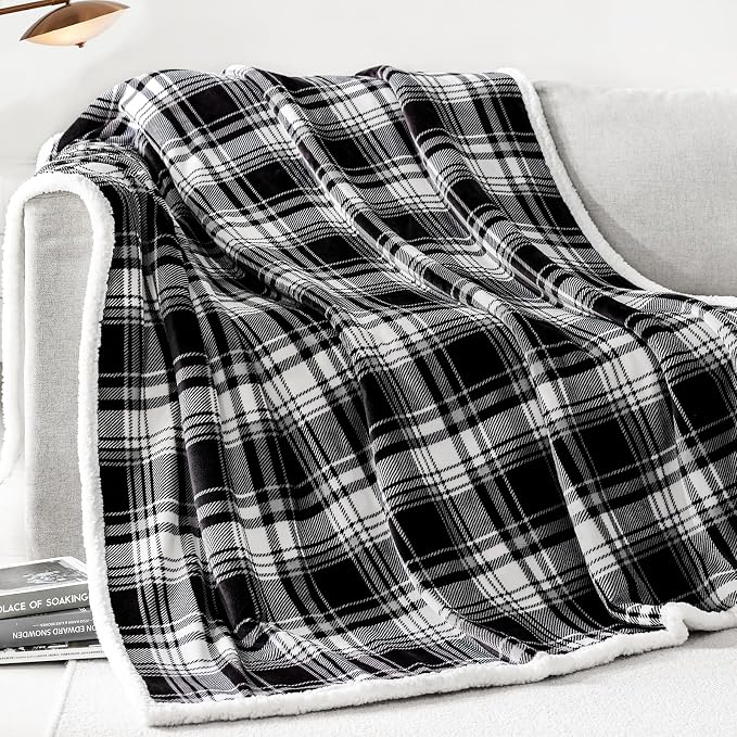 Sherpa Plaid Throw Blanket,Fleece Flannel Plush Twin Size Microfiber Blanket for Couch Bed Sofa,Fuzzy Fluffy Cozy Soft Blanket(60" X 70", Plaid Black)