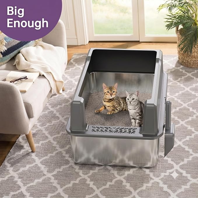 Stainless Steel Cat Litter Box with Lid, 26 x 18 x 12 in | XXXL Enclosed Cat Litter Boxes with Lid for Big Cats,High Sided, Anti-Urine Leakage Bottom Includes Litter Mat & Scoop