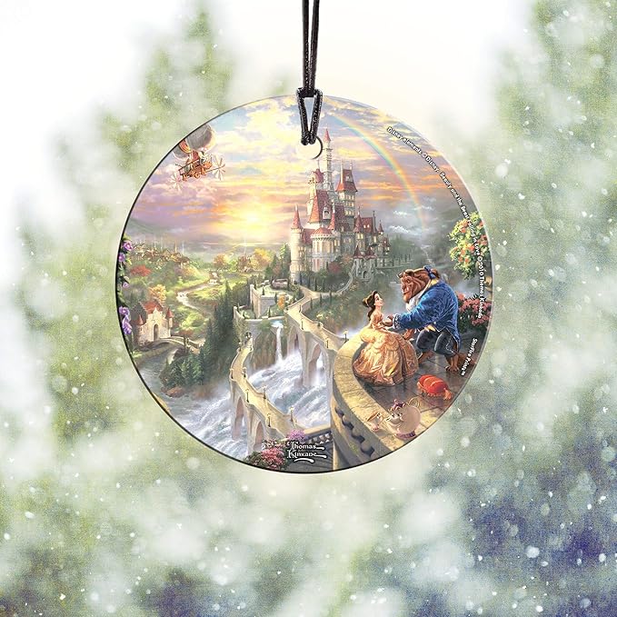 Disney - Beauty and The Beast - Falling in Love by Thomas Kinkade - 3.5” Starfire Prints Hanging Glass Print Accessory | Arrives in a Velveteen Gift Bag SPCIR376
